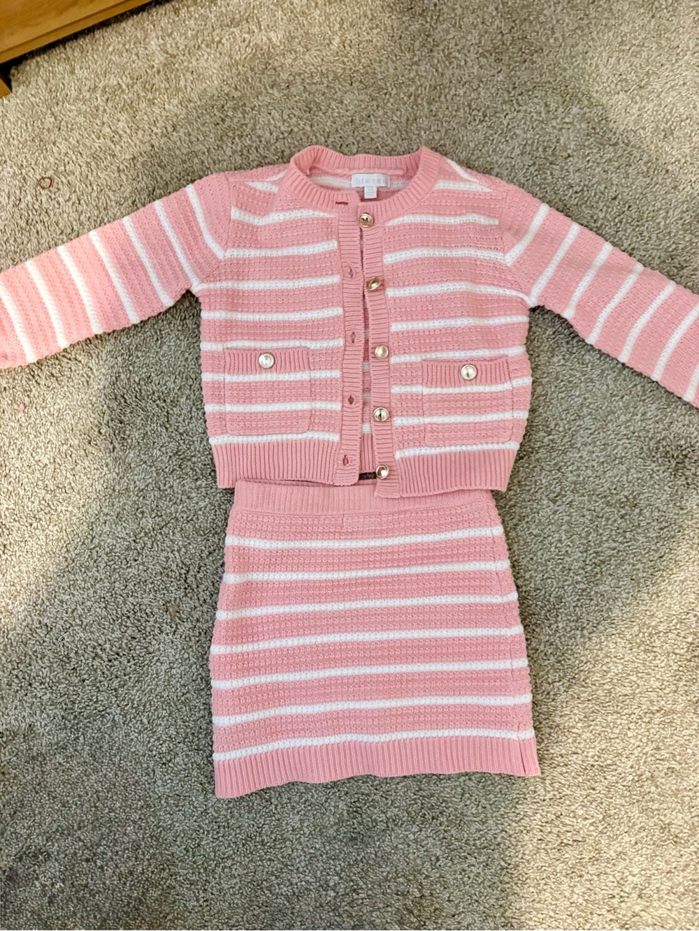 btween Pink and White Striped Knit Cardigan & Skirt Set